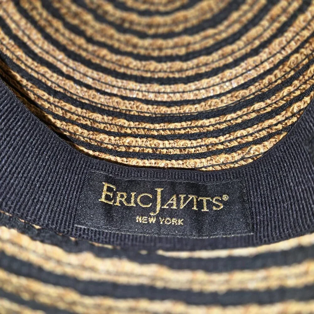Eric Javits New York Packable Straw Bucket Sun Hat Tan Black Stripe UPF - Picture 6 of 14